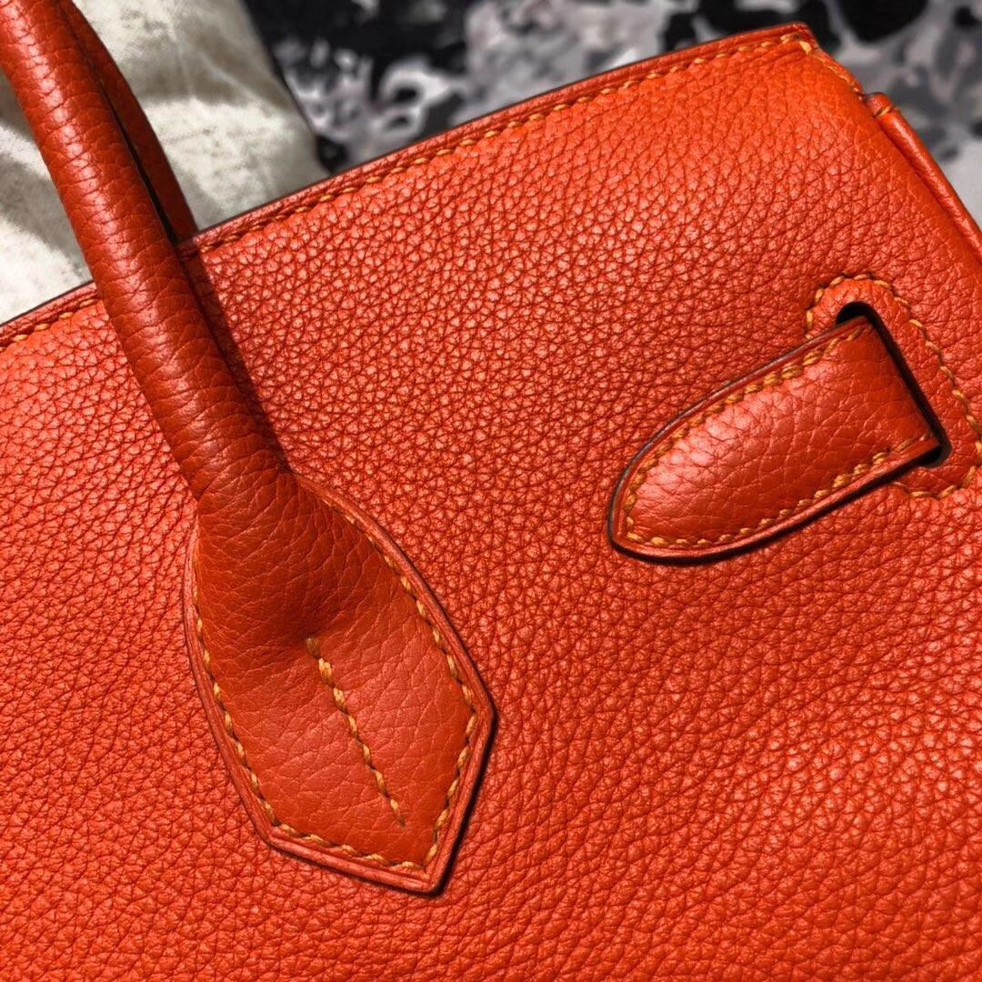 爱马仕包包批发 Hermes Birkin30CM 火焰橙原厂Togo小牛皮铂金包 金扣