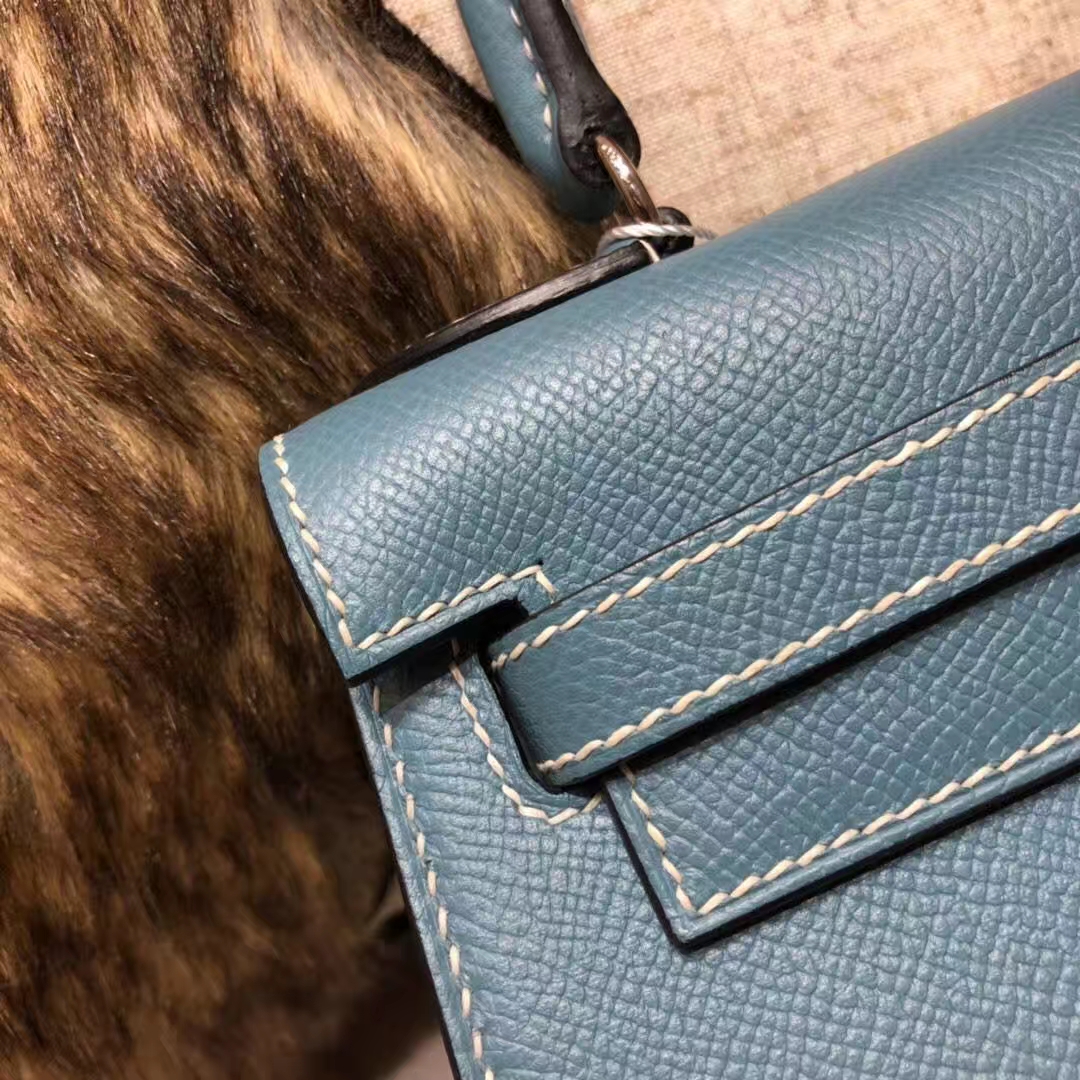 爱马仕外缝凯莉包 Hermes牛仔蓝原厂掌纹牛皮Kelly包包20CM 银扣