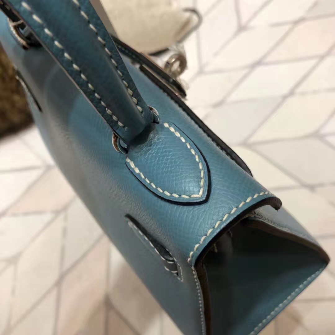 爱马仕外缝凯莉包 Hermes牛仔蓝原厂掌纹牛皮Kelly包包20CM 银扣