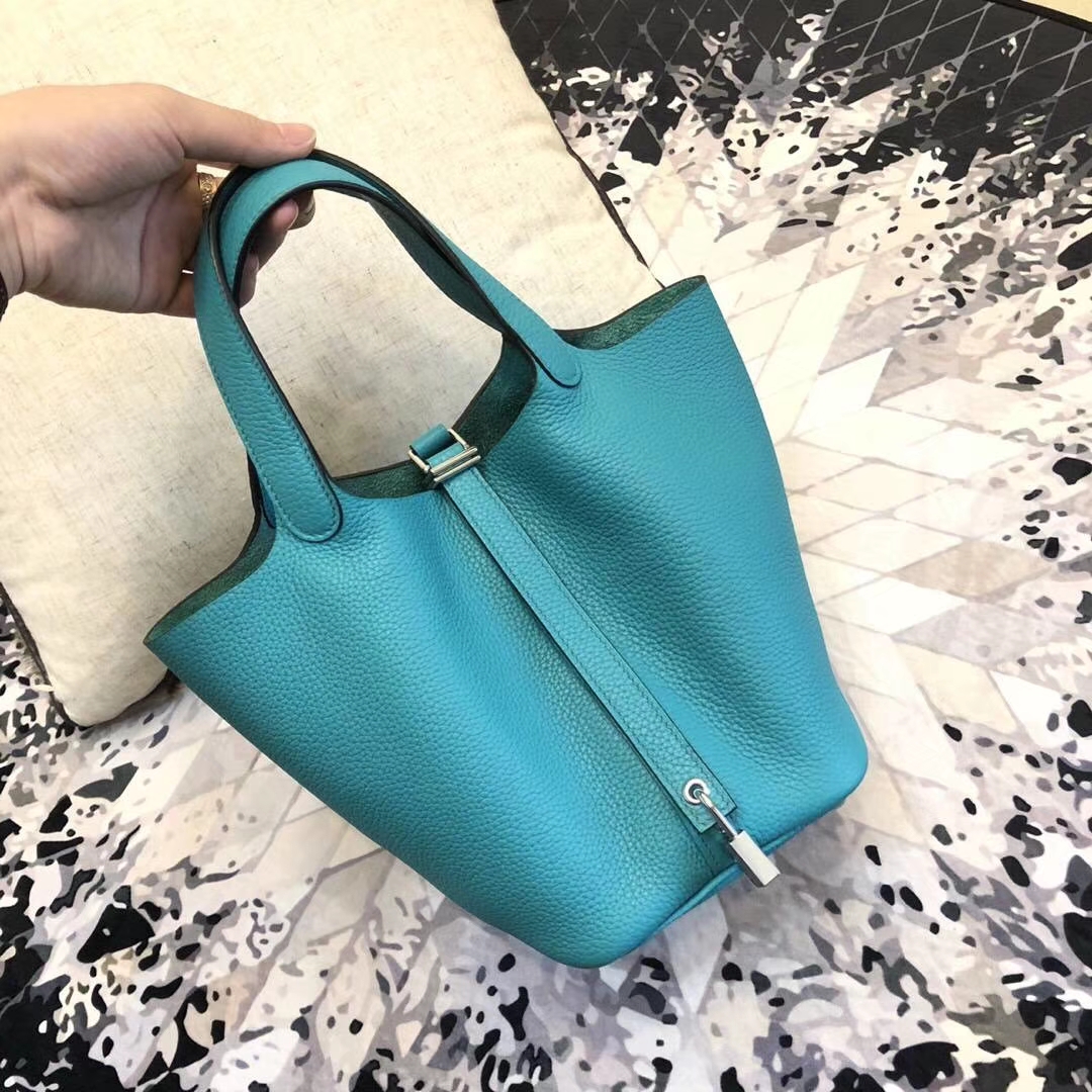 Hermes Picotin Lock18CM 爱马仕顶级Clemence牛皮水桶包 孔雀蓝 银扣