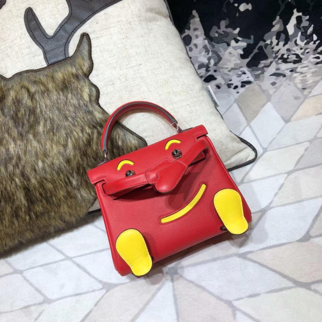 Hermes Kelly Doll 爱马仕新款女包 大红色拼黄色Swift牛皮凯莉娃娃包 银扣