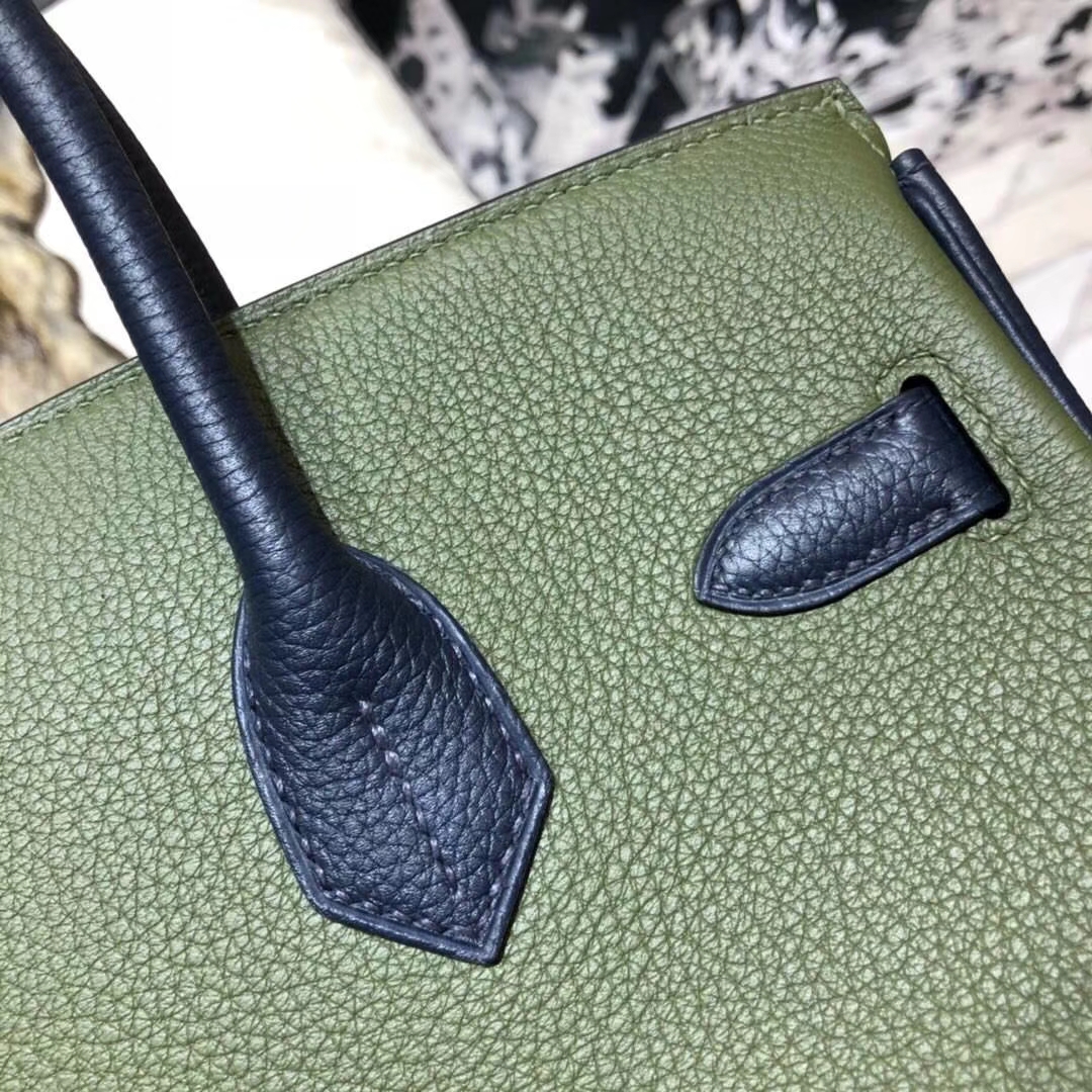 爱马仕拼色铂金包 Hermes Birkin30CM 大象灰拼丛林绿拼宝石蓝 金扣