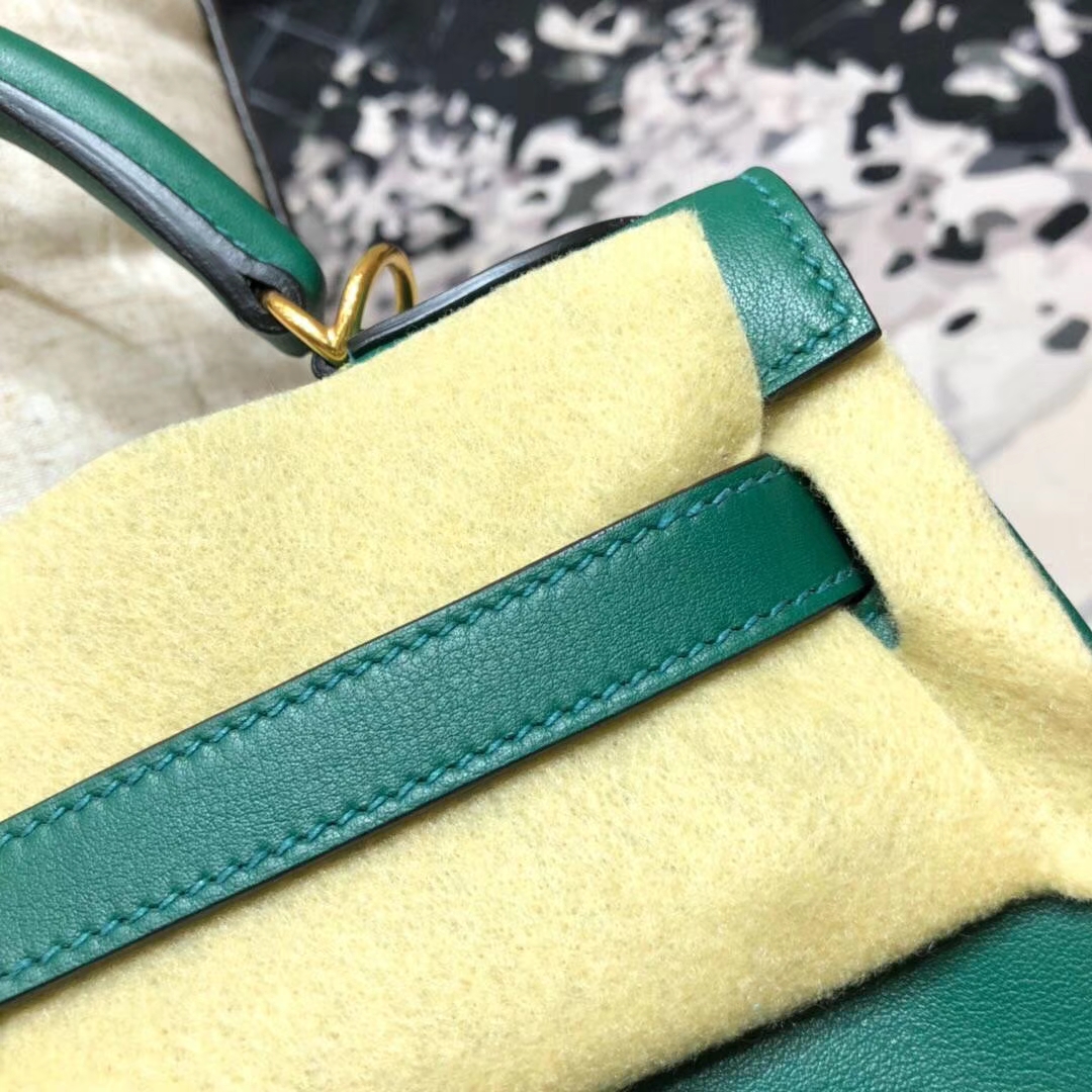 Hermes Kelly32CM 爱马仕Z6孔雀绿原厂Swift牛皮内缝凯莉包 金扣