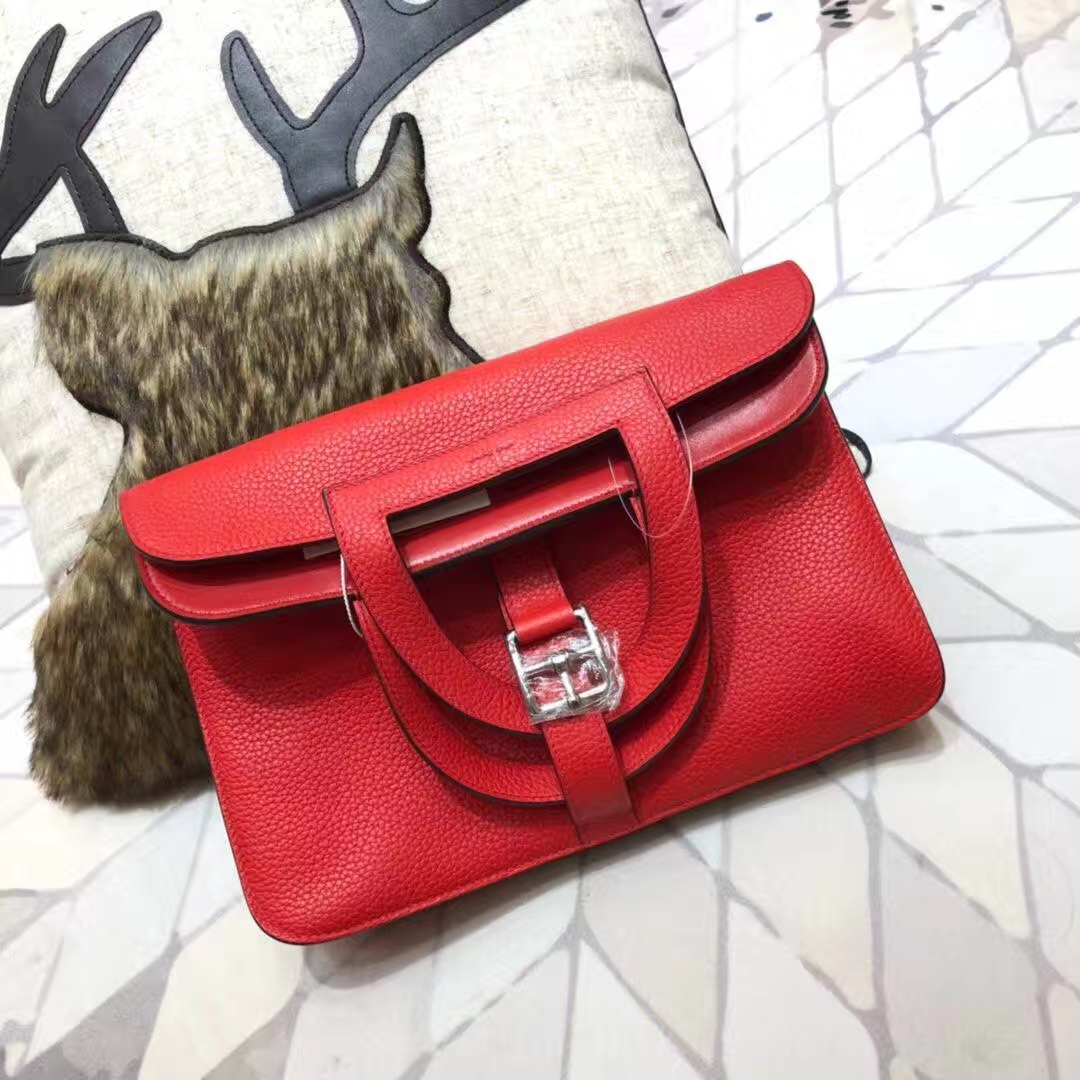 爱马仕包包价格 Hermes Halzan大红色原厂Clemence牛皮手提斜挎女包31CM
