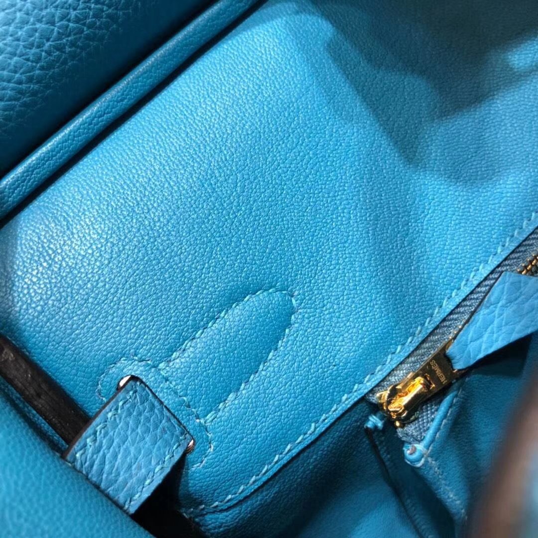 爱马仕女包价格 Hermes Birkin30CM 松石蓝原厂Togo牛皮铂金包 金扣