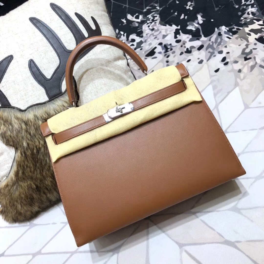 Hermes Kelly32CM 爱马仕CK37土黄色原厂Swift牛皮外缝凯莉包 银扣