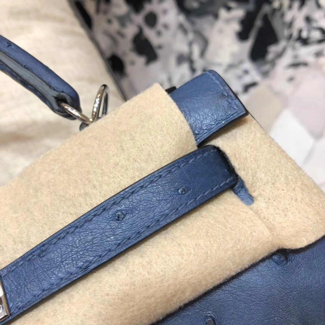 Hermes Kelly25CM 爱马仕玛瑙蓝南非鸵鸟皮外缝凯莉包 金扣/银扣