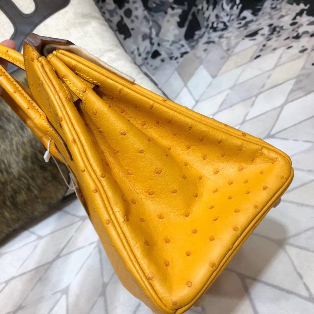Hermes Birkin25CM 爱马仕原厂顶级鸵鸟皮铂金包 大黄色 金扣