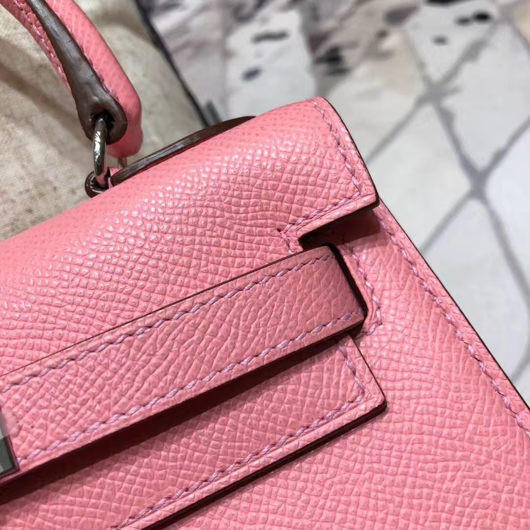 Hermes Kelly20CM 爱马仕奶昔粉原厂Epsom牛皮凯莉包 银扣