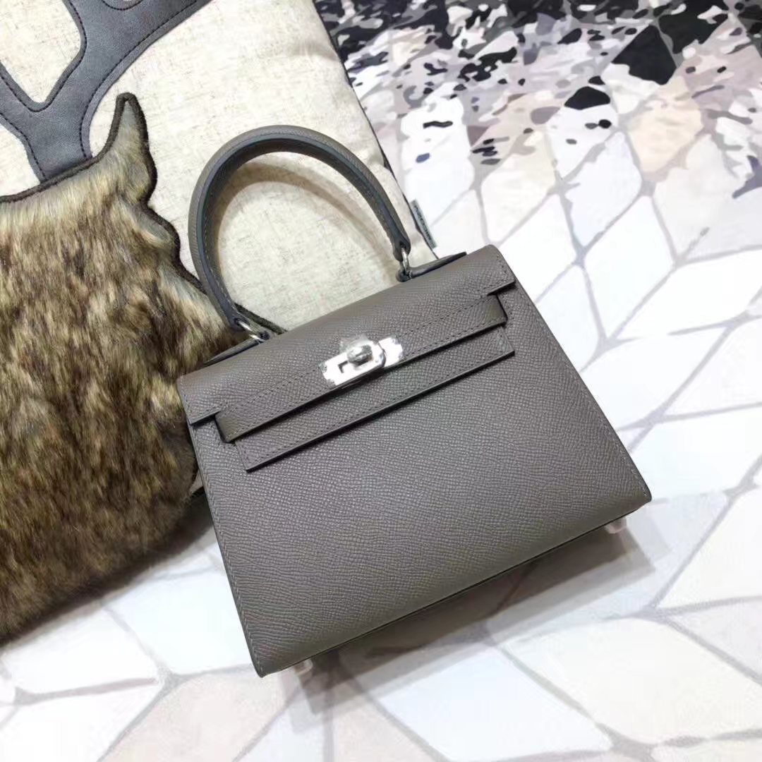 Hermes Kelly20CM 爱马仕锡器灰顶级Epsom牛皮凯莉包 银扣