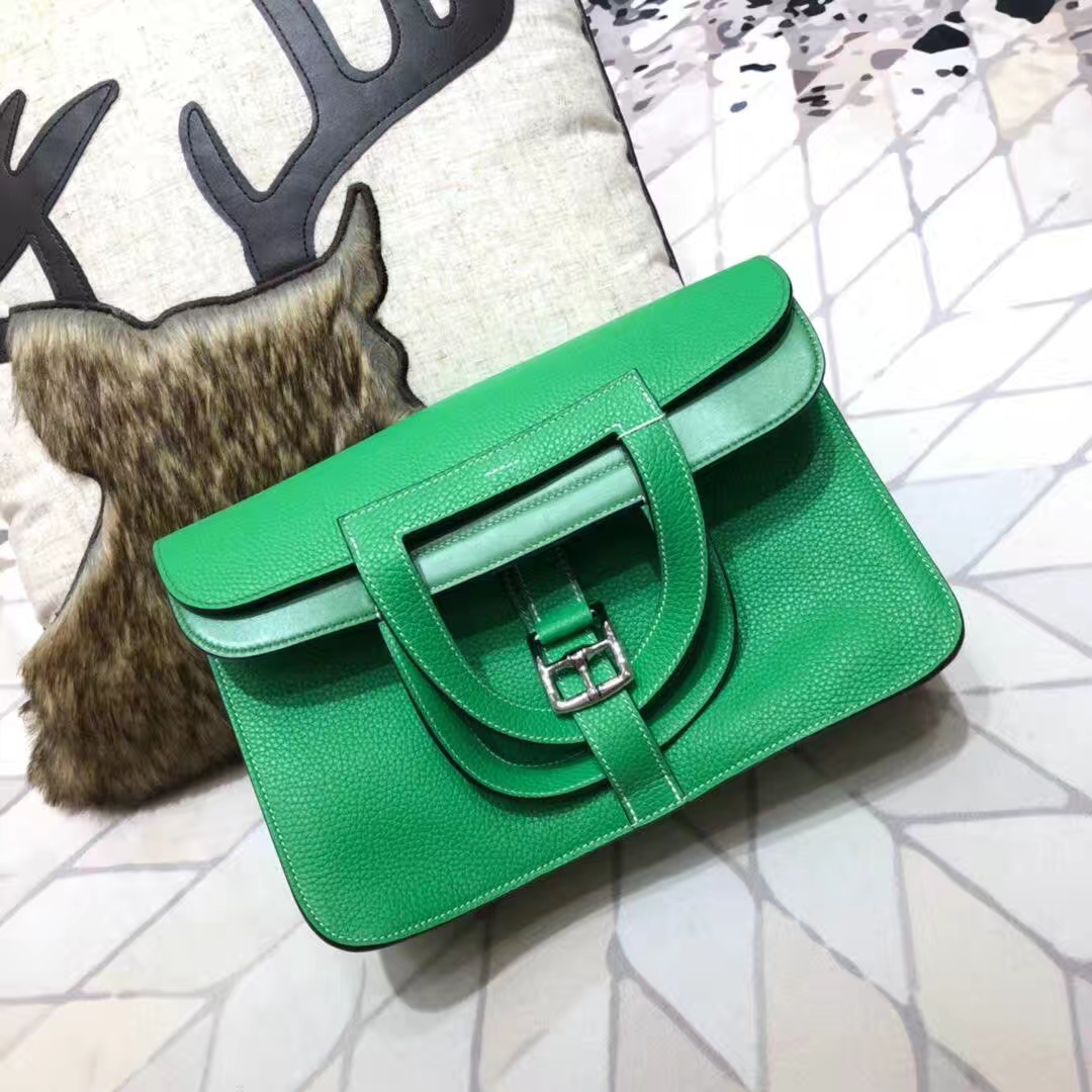 爱马仕新款女包 Hermes Halzan31CM 1K竹子绿原厂Clemence牛皮 银扣