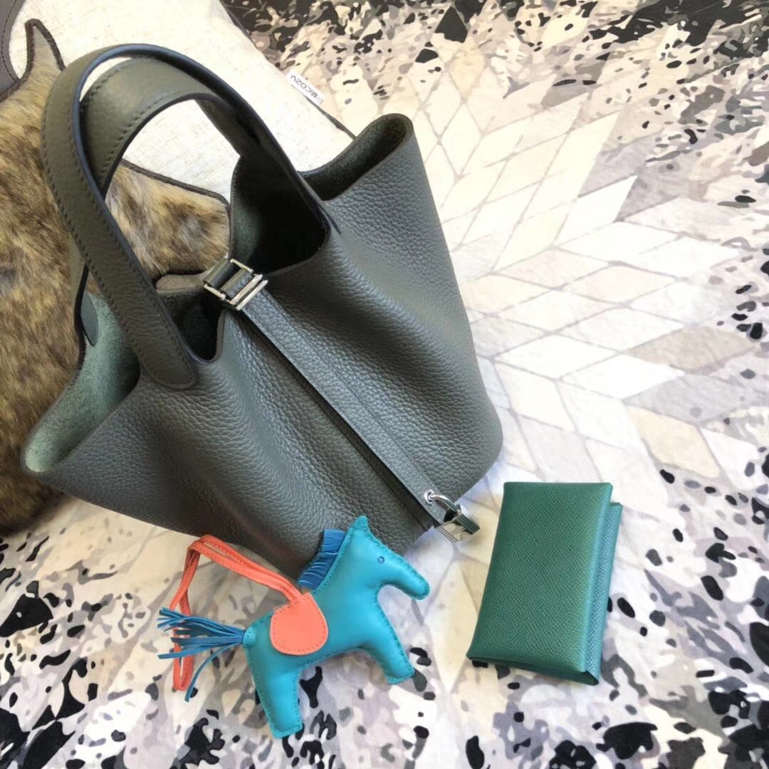 爱马仕手提女包 Hermes锡器灰Clemence牛皮菜篮子包Picotin18CM 银扣