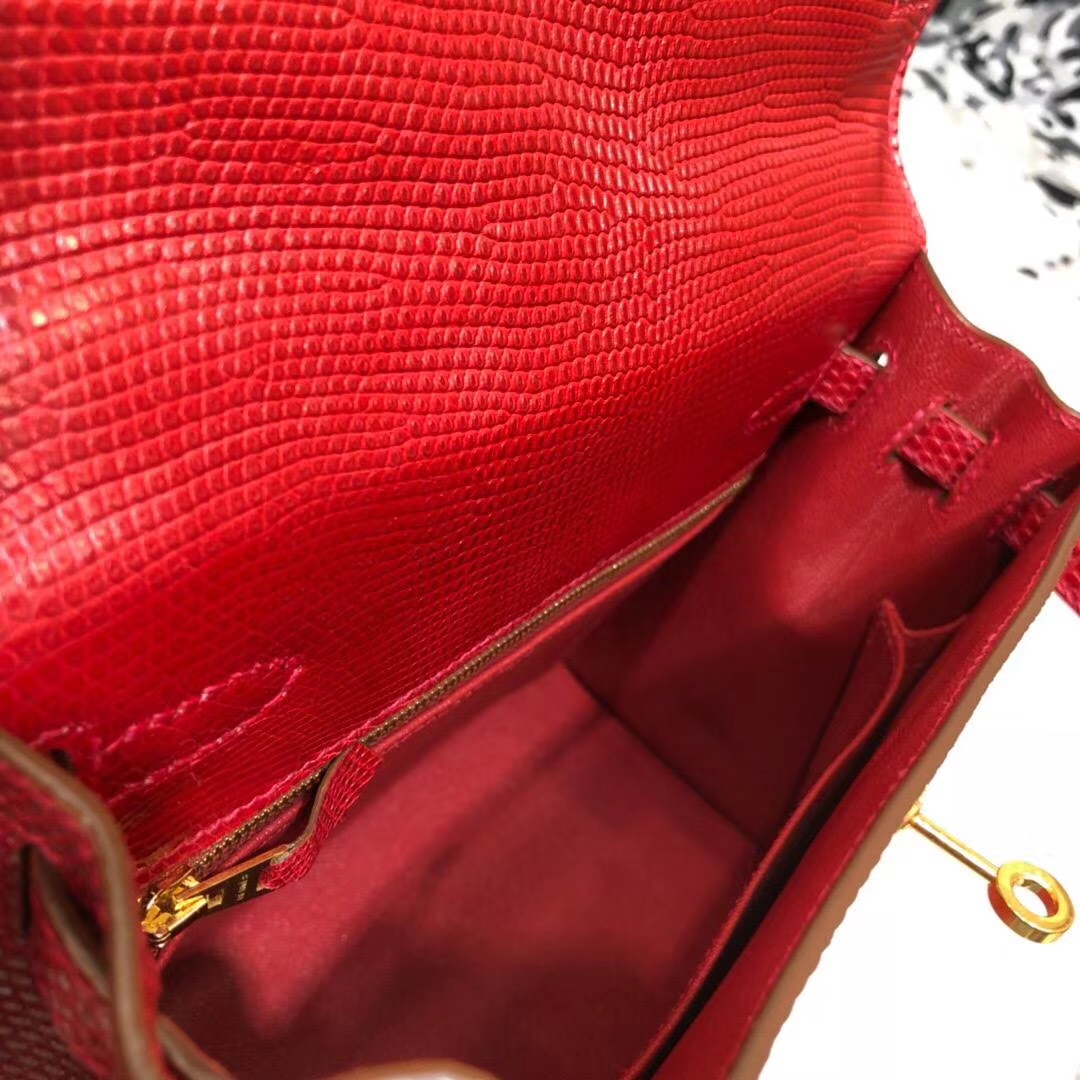 Hermes Kelly25CM 爱马仕大红色原厂蜥蜴皮外缝凯莉包 金扣