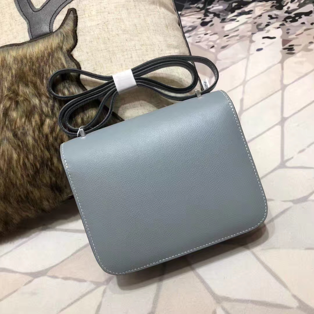 Hermes Constance19CM 爱马仕亚麻蓝原厂Epsom牛皮康斯坦包 银扣