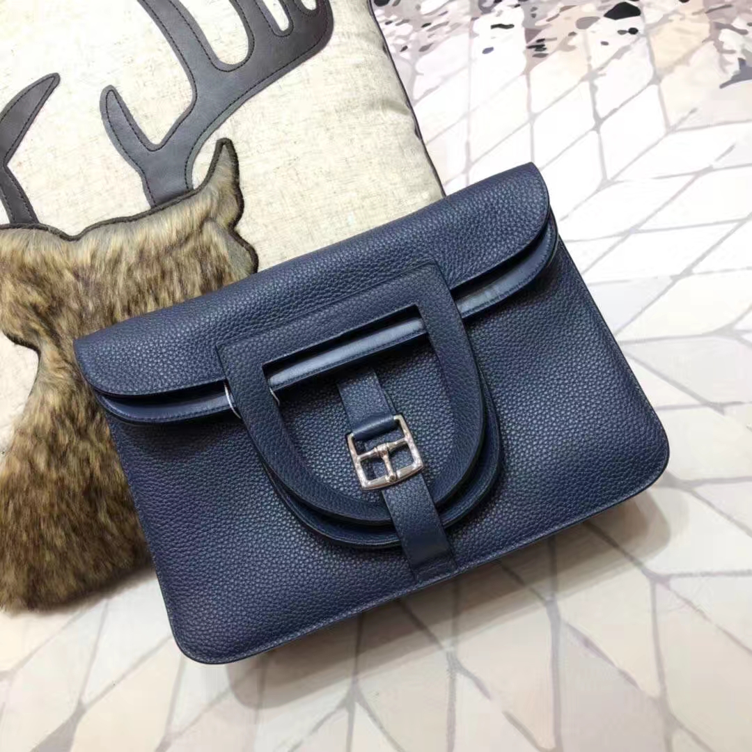 Hermes包包官网 爱马仕原厂Clemence牛皮Halzan包包手提包31CM 宝石蓝