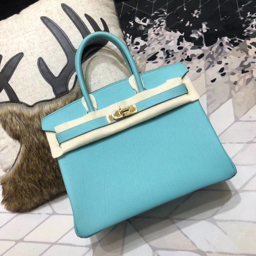爱马仕Birkin包包 Hermes马卡龙蓝原厂Togo小牛皮铂金包Birkin30CM 金扣