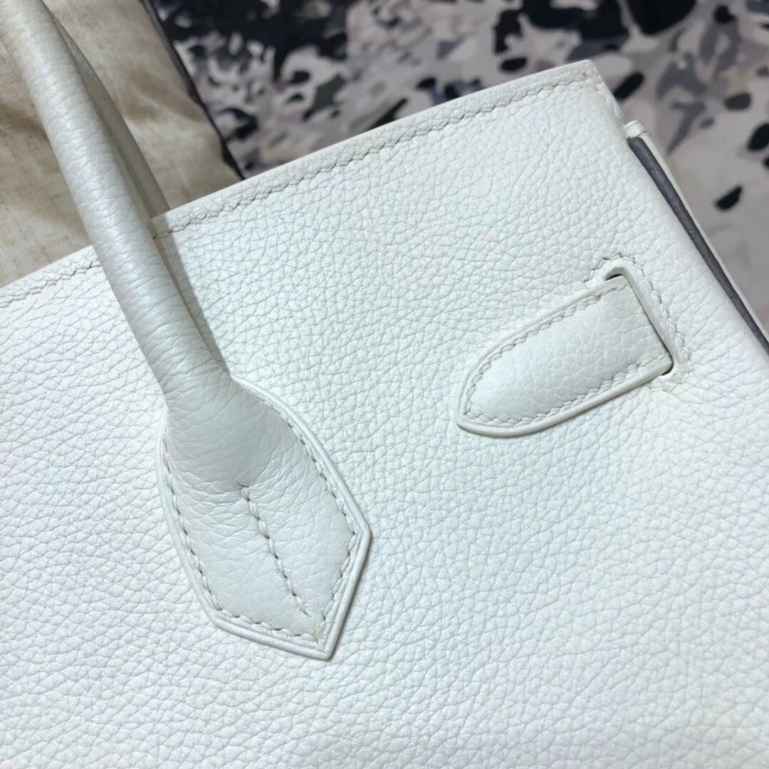 爱马仕拼色铂金包 Hermes纯白拼黑色原厂Togo小牛皮Birkin30CM 银扣