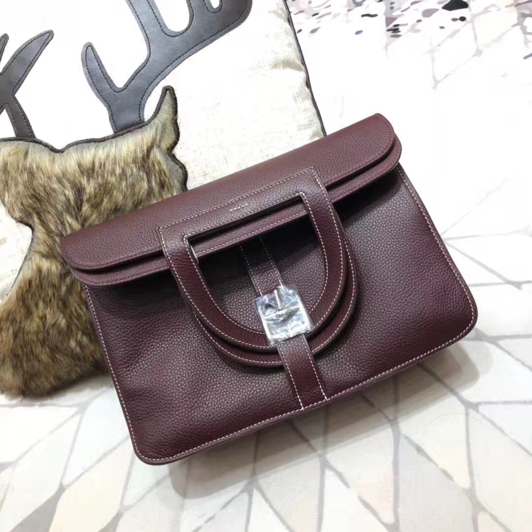 Hermes Halzan31CM 爱马仕波尔多酒红原厂Clemence牛皮手提包 银扣