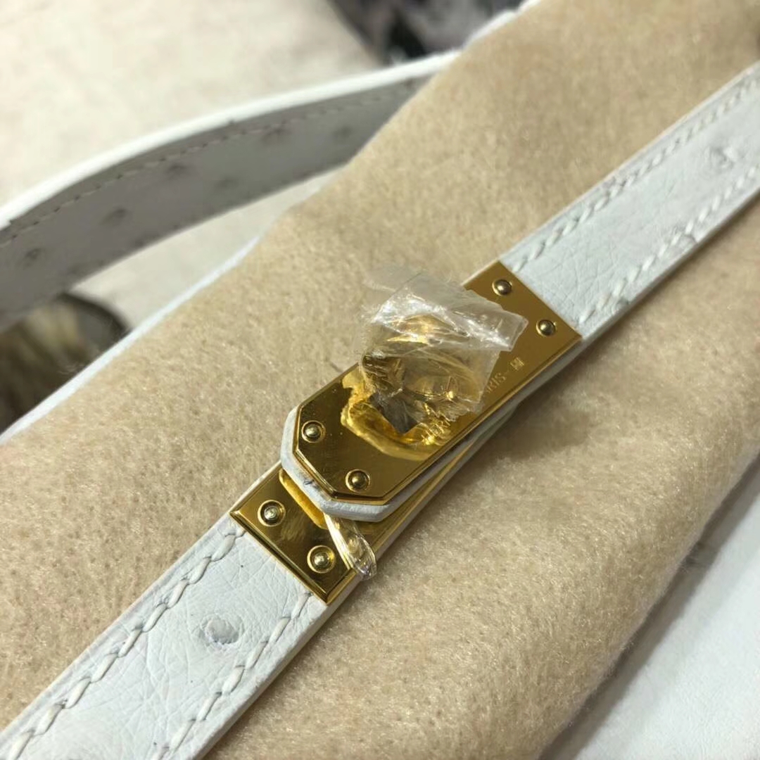 Hermes Minikelly22CM 爱马仕南非鸵鸟皮迷你凯莉包 纯白色 金扣