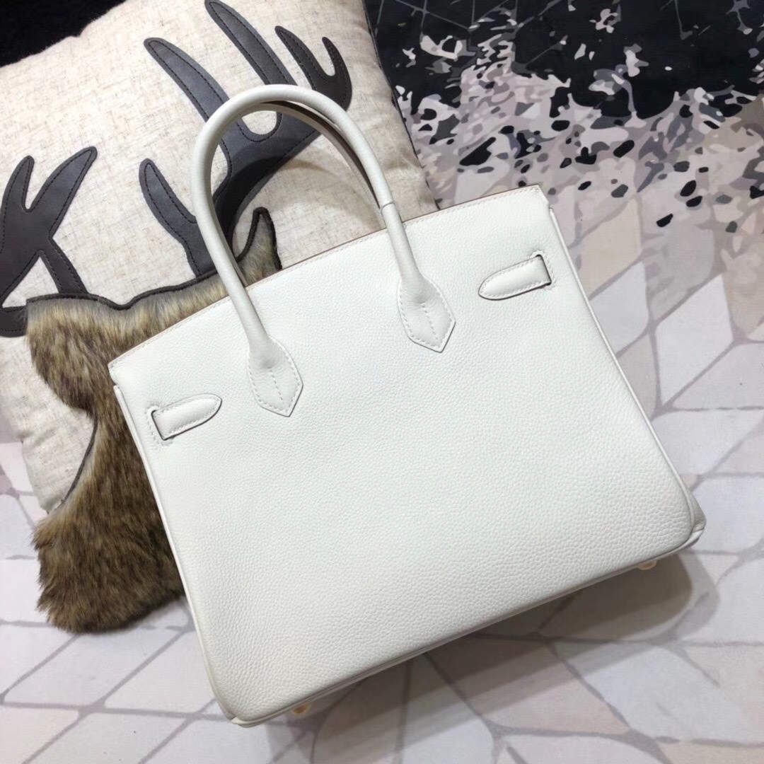 爱马仕包包尺寸 Hermes奶昔白色原厂Togo小牛皮铂金包Birkin30CM 金扣