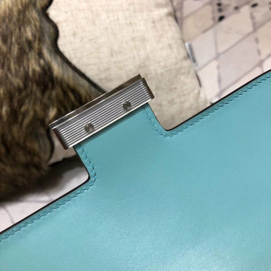 Hermes爱马仕3P马卡龙蓝原厂Swift牛皮空姐包Constance23CM 珐琅银扣