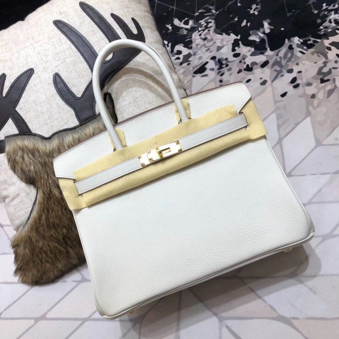 爱马仕包包尺寸 Hermes奶昔白色原厂Togo小牛皮铂金包Birkin30CM 金扣