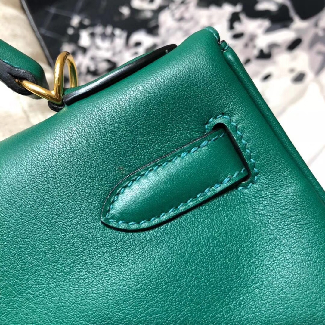 Hermes Kelly32CM 爱马仕Z6孔雀绿原厂Swift牛皮内缝凯莉包 金扣