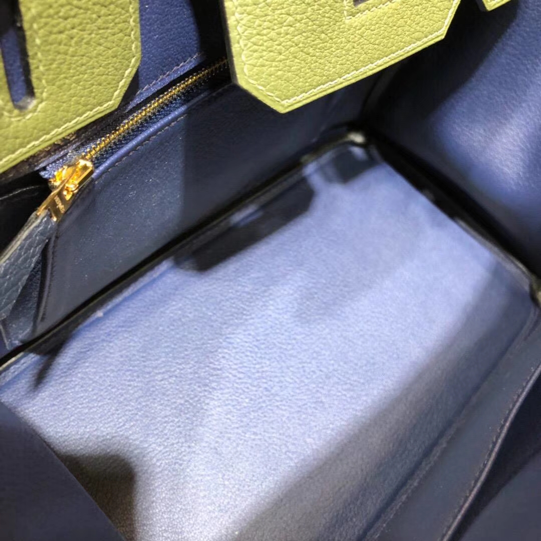 爱马仕拼色铂金包 Hermes Birkin30CM 大象灰拼丛林绿拼宝石蓝 金扣