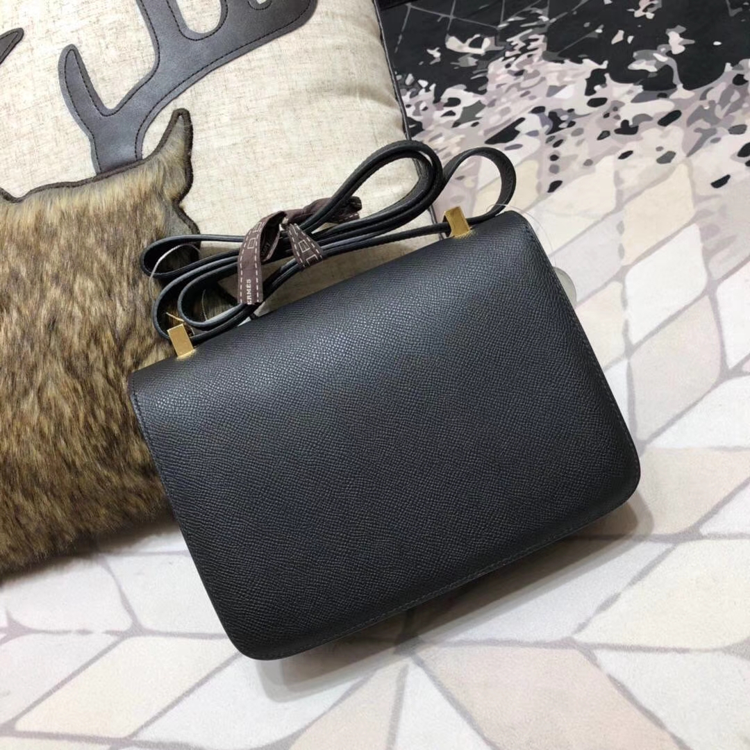 Hermes Constance23CM 爱马仕89黑色Epsom牛皮康斯坦空姐包 金扣