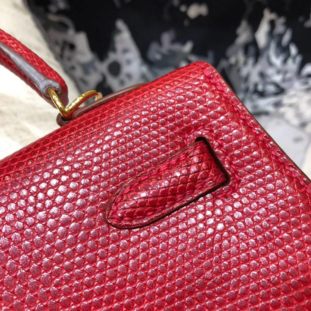 Hermes Kelly25CM 爱马仕大红色原厂蜥蜴皮外缝凯莉包 金扣