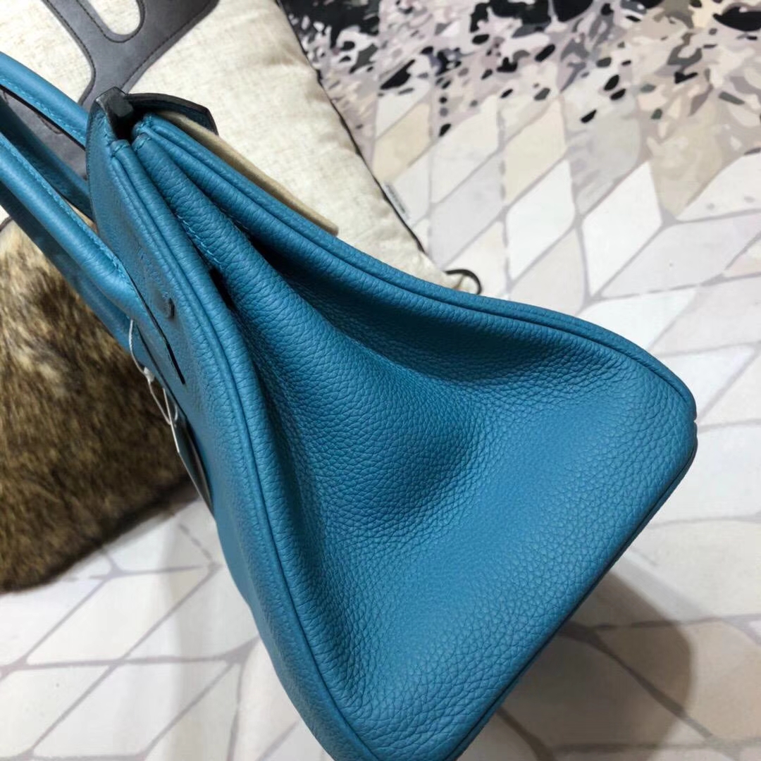 Hermes Birkin30CM 爱马仕松石蓝原厂Togo小牛皮铂金包 银扣