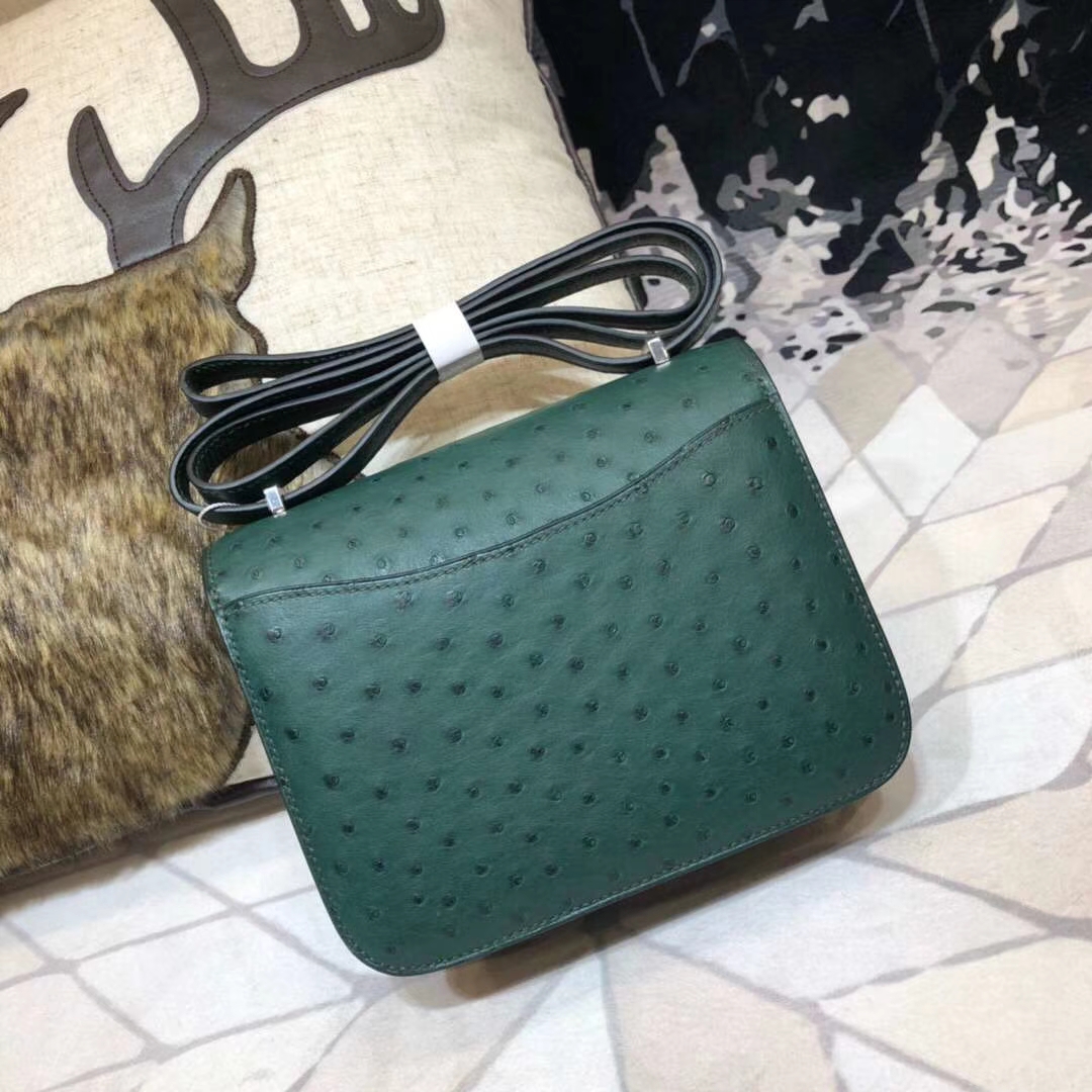 Hermes Constance19CM 爱马仕孔雀绿南非鸵鸟皮康斯坦包空姐包 银扣