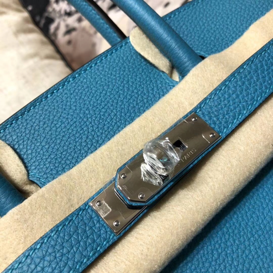 Hermes Birkin30CM 爱马仕松石蓝原厂Togo小牛皮铂金包 银扣