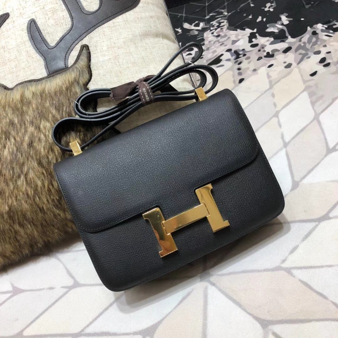 Hermes Constance23CM 爱马仕89黑色Epsom牛皮康斯坦空姐包 金扣