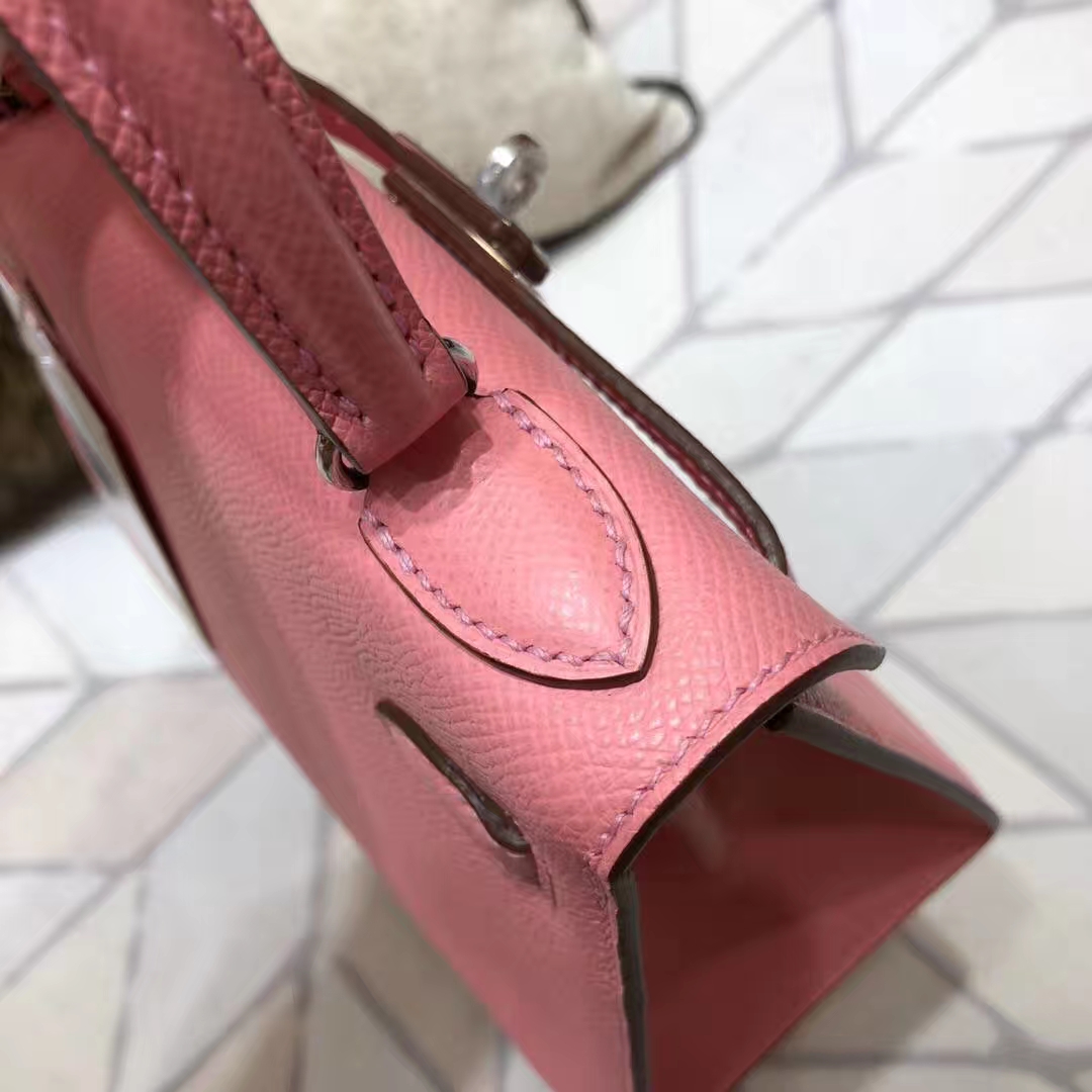 Hermes Kelly20CM 爱马仕奶昔粉原厂Epsom牛皮凯莉包 银扣