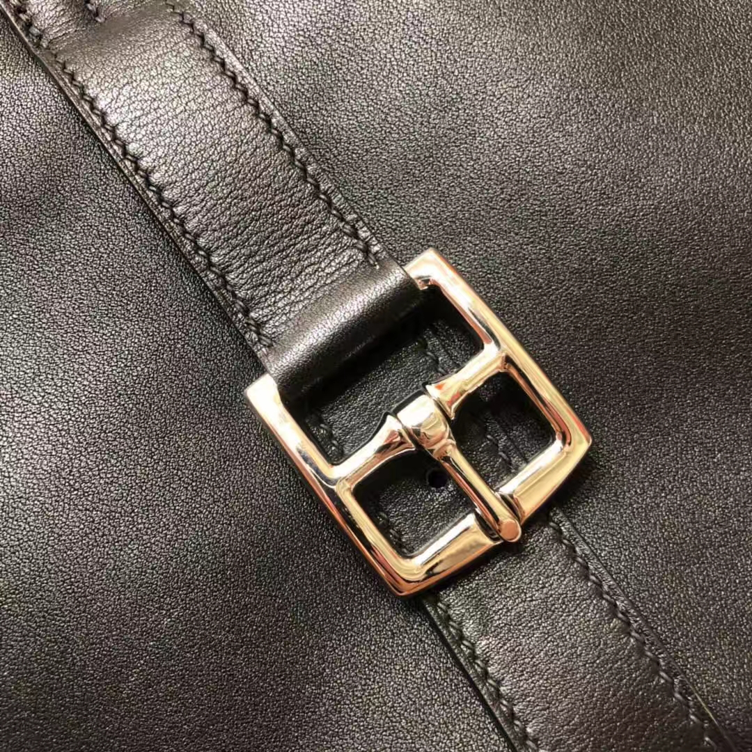 爱马仕包包官网 Hermes Halzan31CM 黑色原厂Swift牛皮手提包 银扣