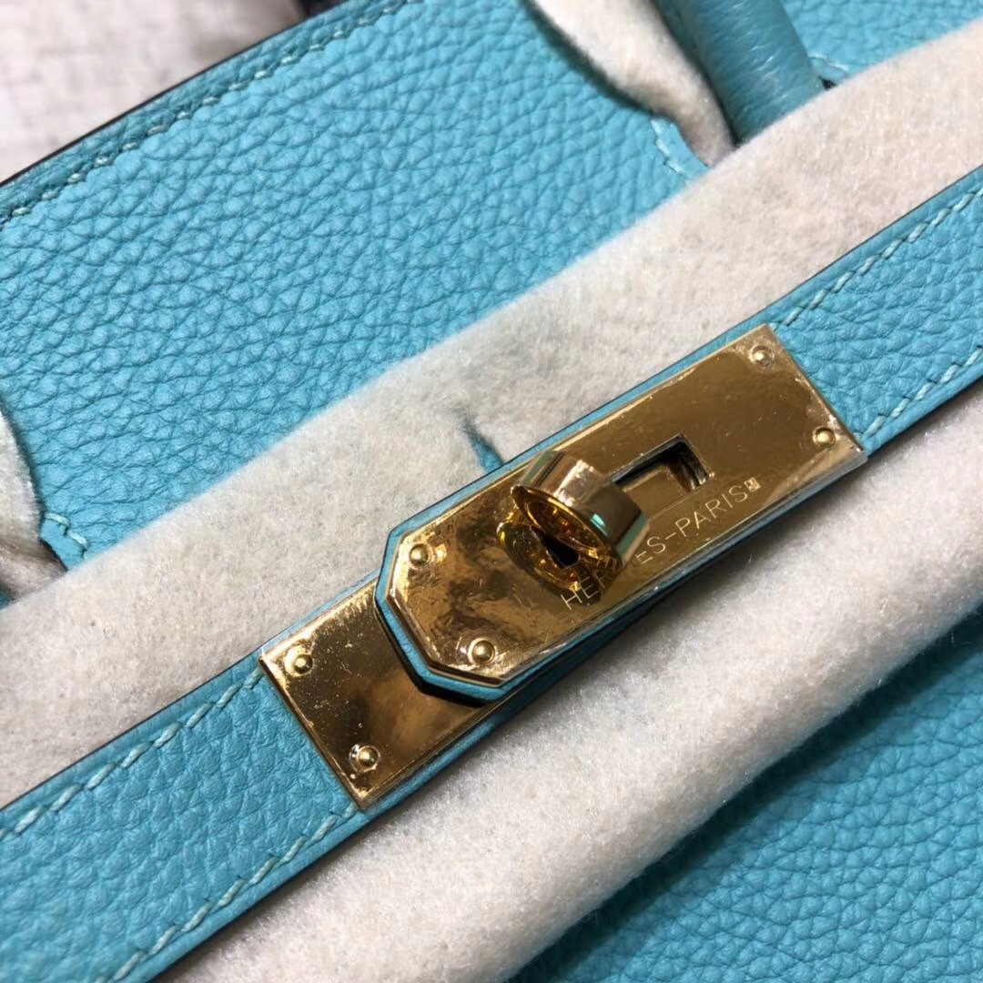 爱马仕Birkin包包 Hermes马卡龙蓝原厂Togo小牛皮铂金包Birkin30CM 金扣