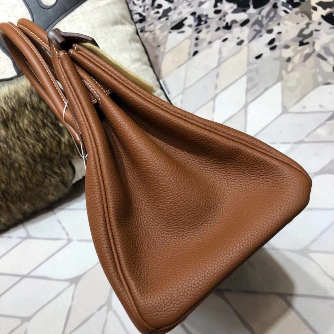 爱马仕铂金包价格 Hermes Birkin30CM 土黄色原厂Togo小牛皮 银扣
