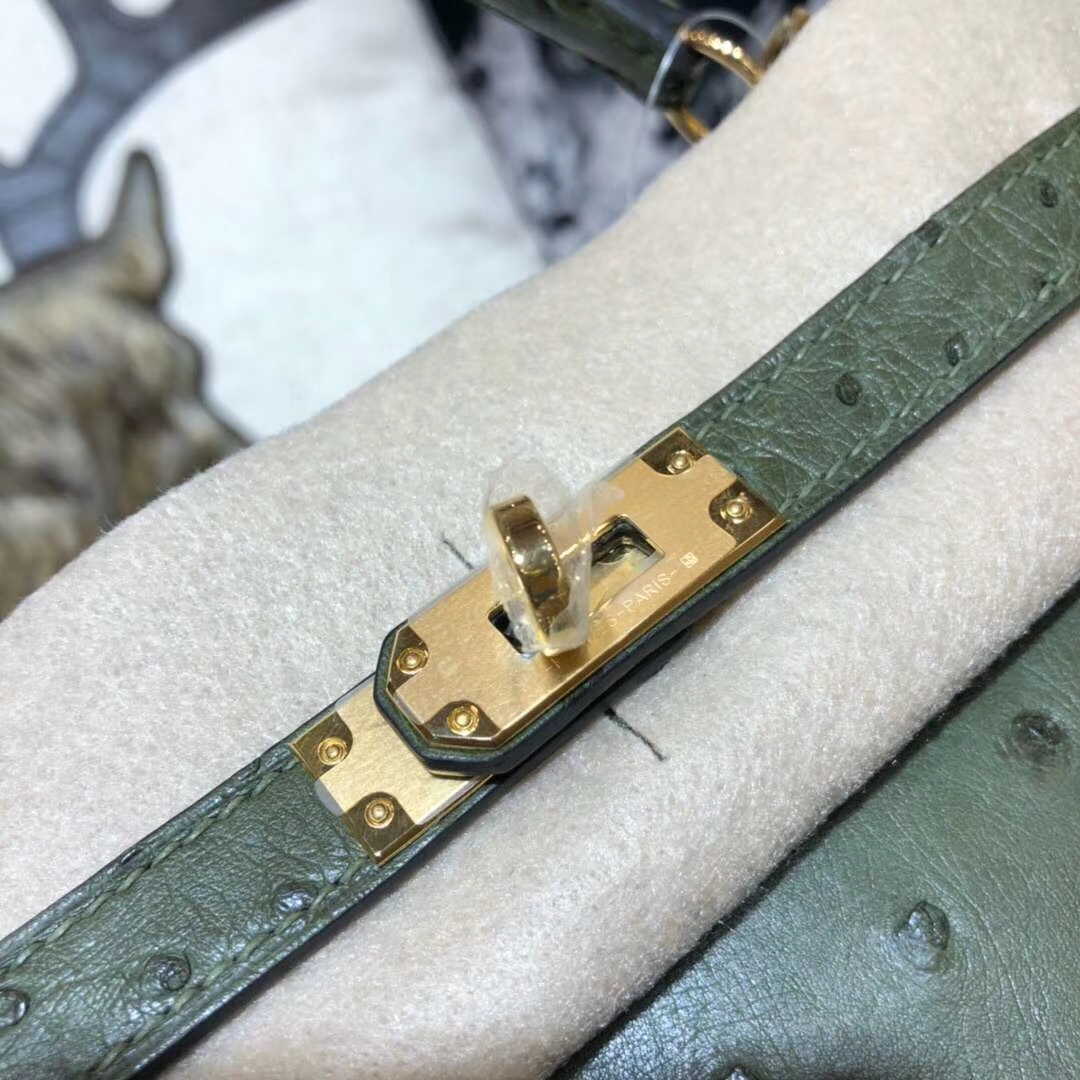 Hermes Kelly25CM 爱马仕V6丛林绿南非鸵鸟皮凯莉包 金扣