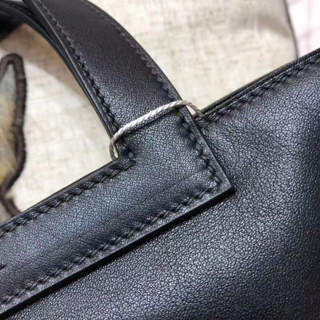 爱马仕包包官网 Hermes Halzan31CM 黑色原厂Swift牛皮手提包 银扣