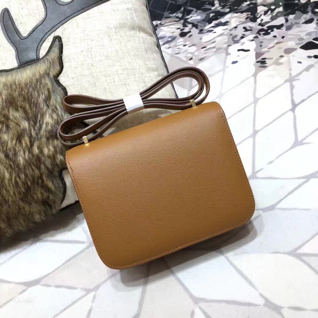 爱马仕康斯坦包 Hermes Constance19CM 土黄色原厂Epsom牛皮 金扣