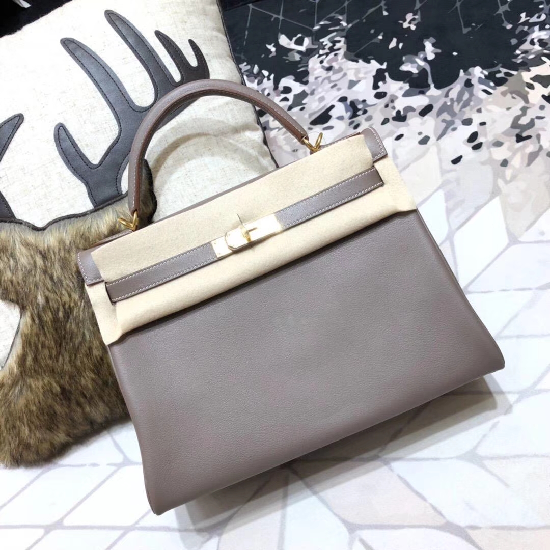 爱马仕Kelly女包 Hermes原厂Swift牛皮CC18大象灰凯莉包32CM 金扣