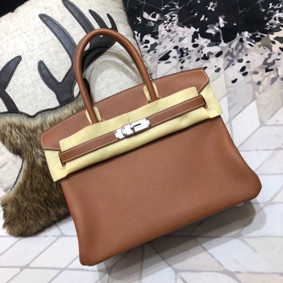 爱马仕铂金包价格 Hermes Birkin30CM 土黄色原厂Togo小牛皮 银扣