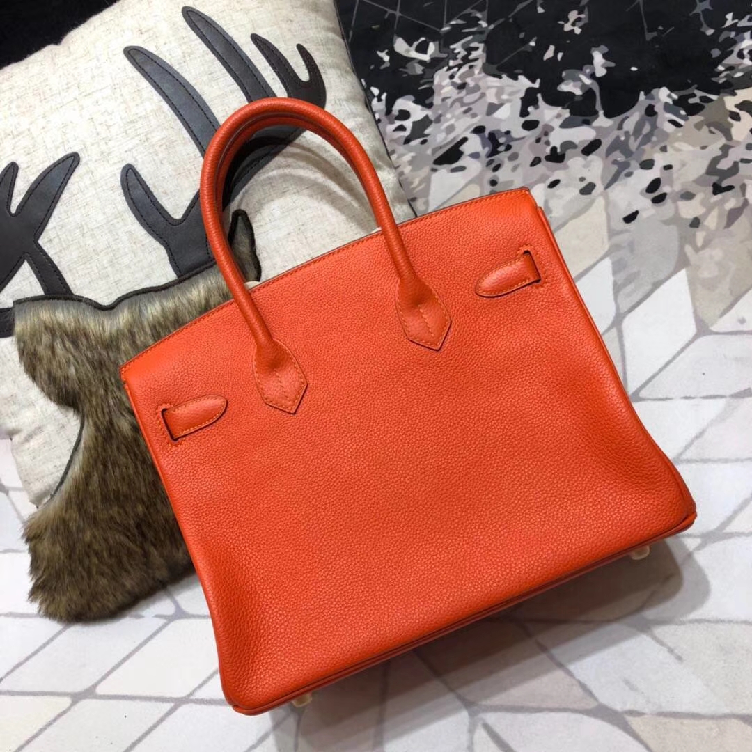 爱马仕包包批发 Hermes Birkin30CM 火焰橙原厂Togo小牛皮铂金包 金扣