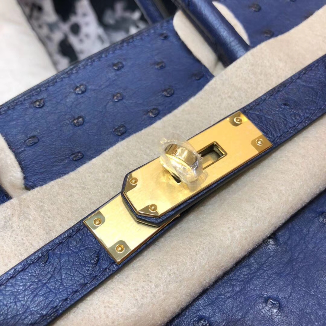 Hermes包包官网 爱马仕宝石蓝南非鸵鸟皮Birkin25CM铂金包 金扣