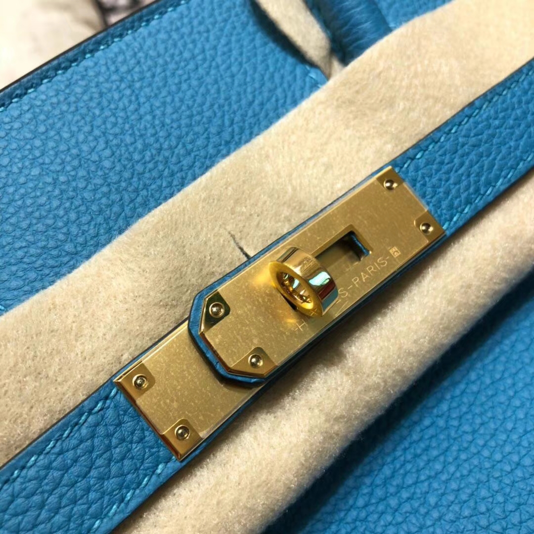 爱马仕女包价格 Hermes Birkin30CM 松石蓝原厂Togo牛皮铂金包 金扣