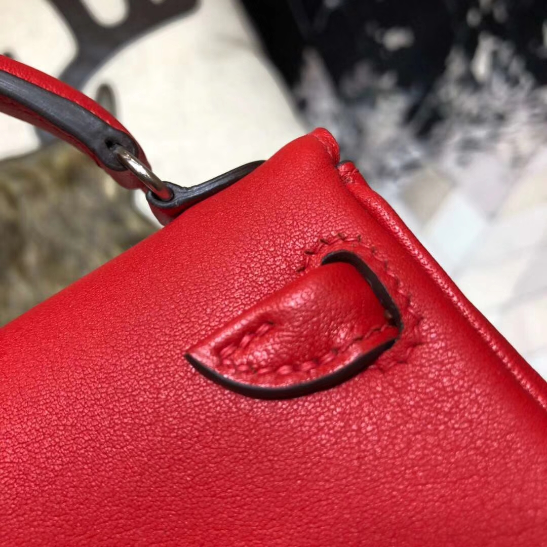 Hermes Kelly Doll 爱马仕新款女包 大红色拼黄色Swift牛皮凯莉娃娃包 银扣