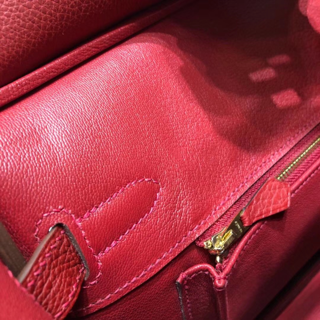Hermes包包官网 爱马仕原厂Togo小牛皮Birkin30铂金包 爱马仕红 金扣