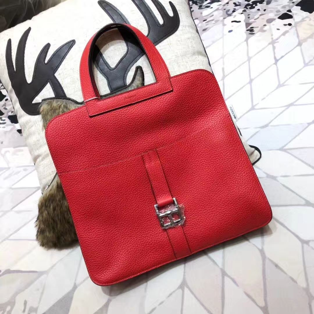 爱马仕包包价格 Hermes Halzan大红色原厂Clemence牛皮手提斜挎女包31CM
