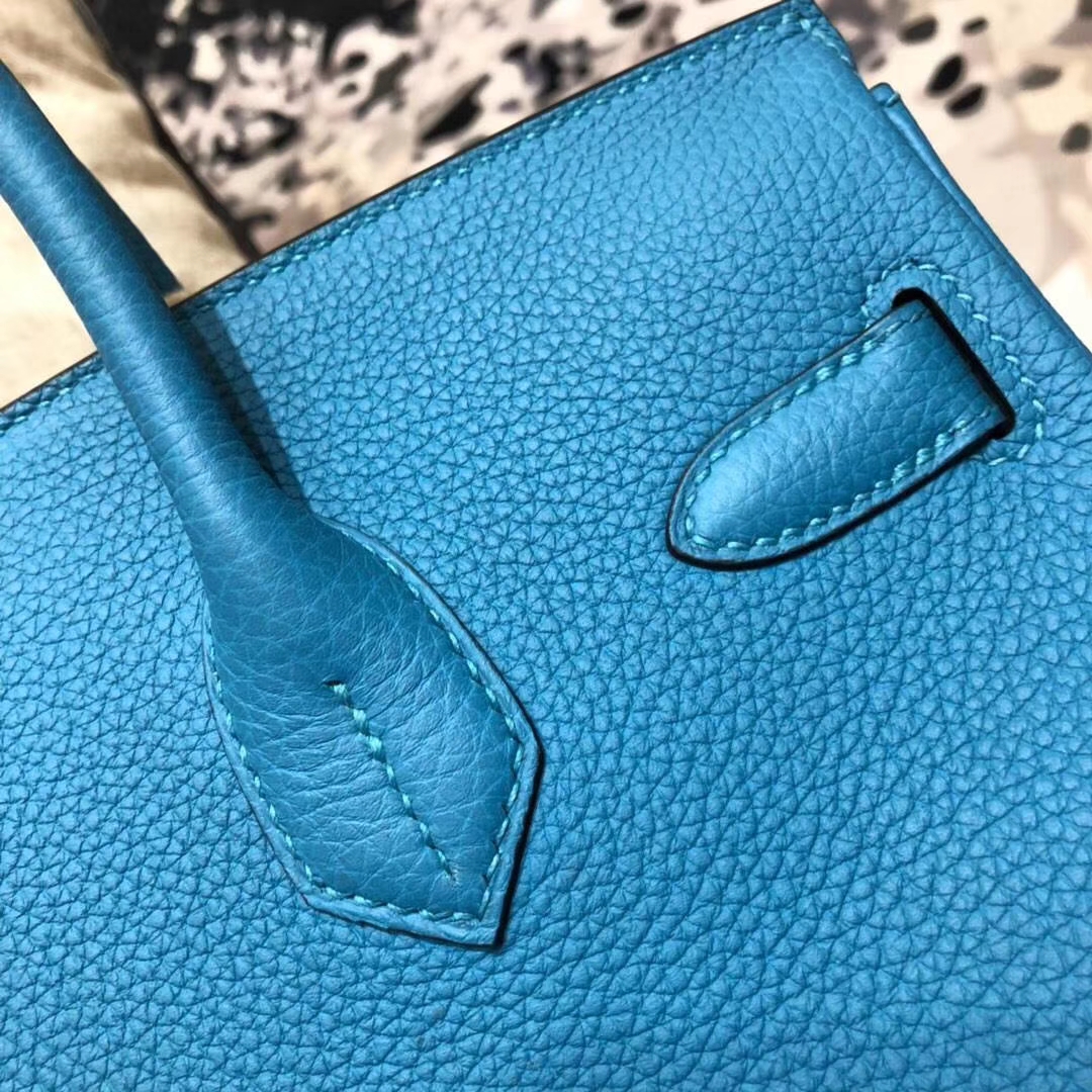 爱马仕女包价格 Hermes Birkin30CM 松石蓝原厂Togo牛皮铂金包 金扣